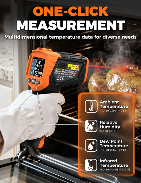 4 In 1 Infrared Temperature Gun With K Type Probe measuring chicken temperature in oven, showing ambient readings