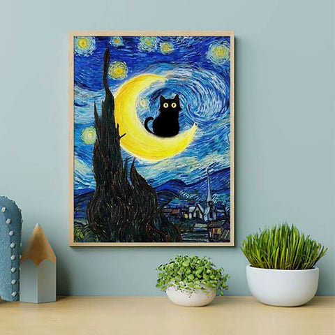 5D Diamond Painting Kit Set For Beginners With Four Pieces Round Diamond Art Projects Black Cat Theme Matisse Van Gogh Inspired Home Decor For Living Room Or Bedroom 11.8 By 15.7 Inches featuring Van Gogh inspired black cat on moon