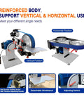 Badass 2X72 Belt Grinder With Vfd Variable Speed Control Paired With Three Zirconia Abrasive Belts 60 100 And 180 Grit images showing vertical and horizontal positions.