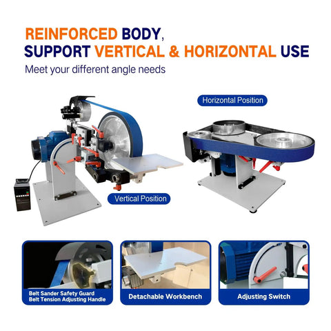 Badass 2X72 Belt Grinder With Vfd Variable Speed Control Paired With Three Zirconia Abrasive Belts 60 100 And 180 Grit images showing vertical and horizontal positions.