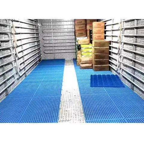 Moisture Proof Plastic Pallet For Garage And Basement Storage with blue interlocking modular floor tiles in storage area