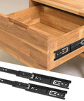 Seven Pair Eight Inch Black Soft Close Drawer Slides Heavy Duty Steel Ball Bearing Gliders in open drawer setting.