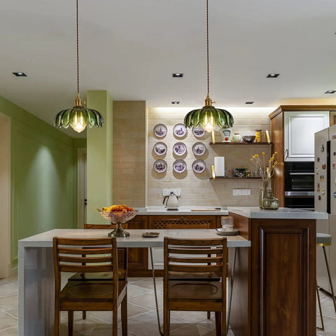 Chic Green Glass Plug In Pendant Light Fixture For Kitchen Island And Dining Room, smooth plug design above a kitchen island setting.