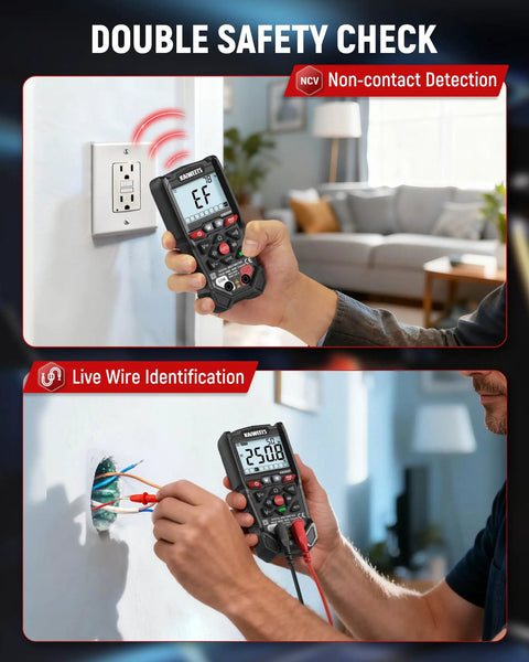 KM200P Digital Multimeter With All Button Operation TRMS Auto Ranging 4000 Counts NCV Detection testing outlets and live wires.