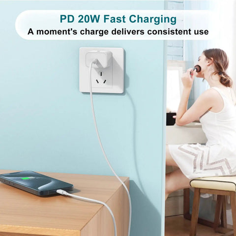 Image of Must Have 20W Fast Charger Kit For iPhone 17 16 15 With 3ft USB-C cable charging phone near woman at desk.
