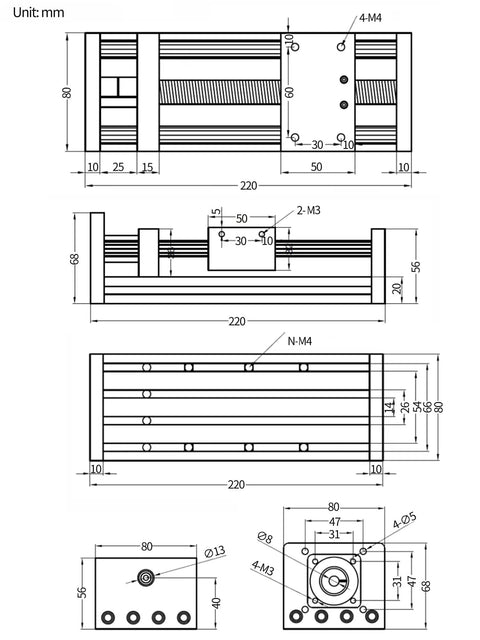 Technical drawing of Pro Grade 100mm CNC Linear Stage Actuator with Dual Optical Axis Rails and 1605 Ball Screw dimensions.
