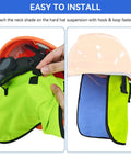 Stay Frosty On Site With This Reusable Cooling Hard Hat Neck Shade For Trade Teams Activates With Water For Four Hours Of Hyper Evaporative Cooling Gear attached to hard hat with hook and loop fastener.