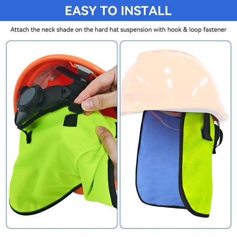 Stay Frosty On Site With This Reusable Cooling Hard Hat Neck Shade For Trade Teams Activates With Water For Four Hours Of Hyper Evaporative Cooling Gear attached to hard hat with hook and loop fastener.