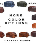 Leather Toiletry Bag For Men On The Go Grooming Travel Kit With Waterproof Lining in various colors, including Royal and Seaweed.