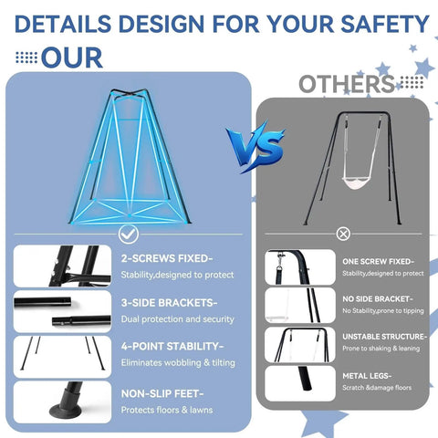 Comparison chart for Kid Friendly Sensory Pod Swing Set With Heavy Duty Frame For Indoor Outdoor Play, highlighting design details.
