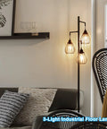 Industrial Tree Floor Lamp With Three Teardrop Cage Heads And ST58 Edison LED Bulbs, Tall Vintage Pole Light in living room