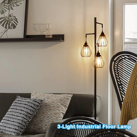 Industrial Tree Floor Lamp With Three Teardrop Cage Heads And ST58 Edison LED Bulbs, Tall Vintage Pole Light in living room