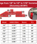 Chart showing 7 Piece Aluminum Router Table Setup Blocks Set With Pro Grade, Heavy Duty Precision Thickness Bars measurements.