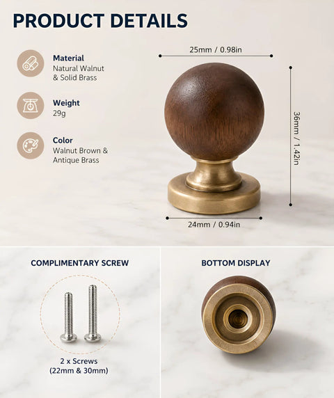 The Real Deal Natural Walnut And Antique Brass Cabinet Knobs Six Pack Hella Sturdy Round Ball Handles For Kitchen Drawers with dimensions.