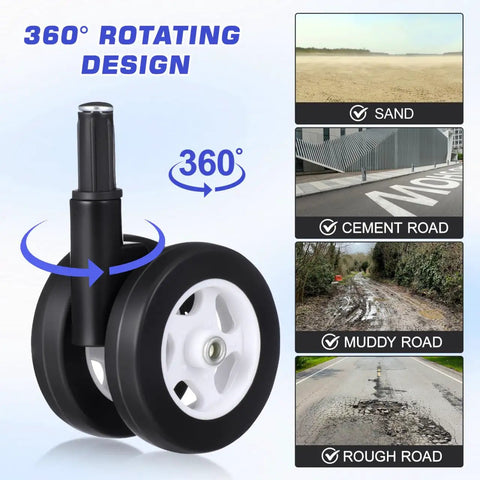 Four Pack White Twin Swivel Caster Kit For Baby Walker Replacement Wheels Runs Slick On Any Floor Premium Built Zero Fuss Easy Swap Stroller Parts showcasing 360° rotating wheels