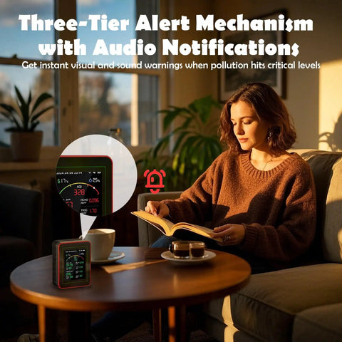 All In One Air Quality Monitor With Smartphone App Dual Chip Detects CO2 PM25 HCHO TVOC And PM10 Real Time Alerts on table