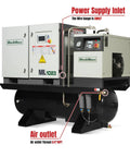 Front view of Beefy 10HP Rotary Screw Air Compressor With Built In Dryer And 66 Gallon ASME Tank Delivers 32 CFM At 116 PSI On 230V Three Phase Industrial Grade ML1023 For Heavy Duty Workshops And Pro Shops with labeled power supply inlet and air outlet features.