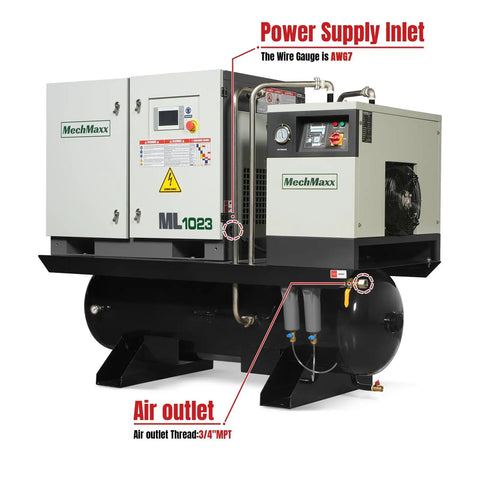 Front view of Beefy 10HP Rotary Screw Air Compressor With Built In Dryer And 66 Gallon ASME Tank Delivers 32 CFM At 116 PSI On 230V Three Phase Industrial Grade ML1023 For Heavy Duty Workshops And Pro Shops with labeled power supply inlet and air outlet features.