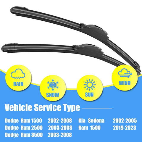 Silicone Wiper Blades 24 Inch Front Set Of 2 For Dodge Ram Rigs 1500 2002 To 2008 Ram 2500 2003 To 2008 Ram 3500 2003 To 2008 And Ram 1500 2019 To 2025 All Season Windshield Replacement