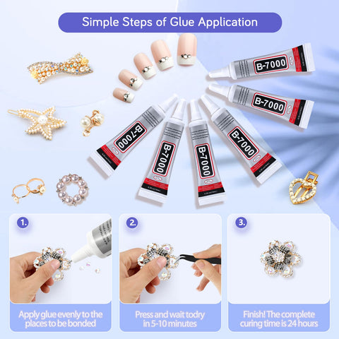Clear Jewelry Glue 6 Pack 15ML B7000 Waterproof Adhesive For Rhinestones And DIY Projects with application steps and uses