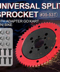Universal 35 Chain 53T Split Sprocket With Adapter For Predator 212cc featuring red and black design with screws and nuts.