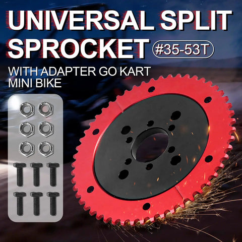 Universal 35 Chain 53T Split Sprocket With Adapter For Predator 212cc featuring red and black design with screws and nuts.