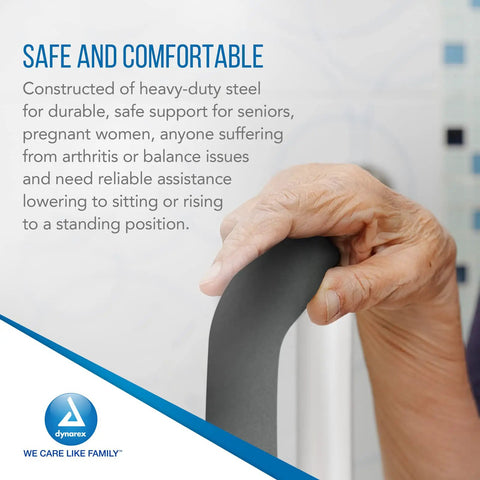Hand gripping the padded support handle of a No Sweat Install With Quick Clips Padded Rails Offer Rock Solid Grip Adjustable Width Fits All Bowls Carries 300 Lbs Like A Champ White Bathroom Safety Bar.