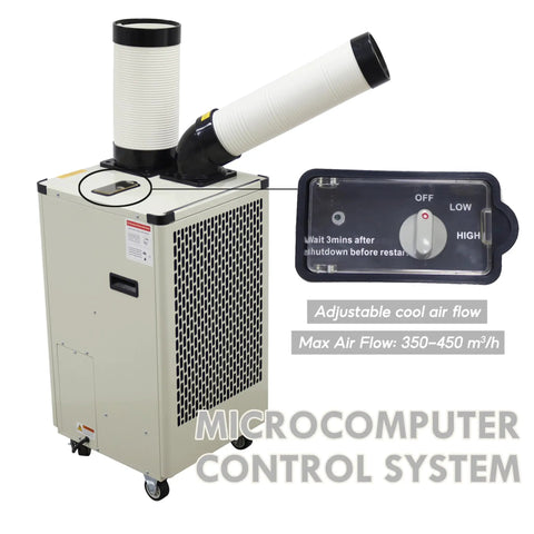 Built Tough 9180 BTU Industrial Spot Cooler And Portable Air Conditioner With High Airflow Single Outlet, microcomputer controls, adjustable airflow.