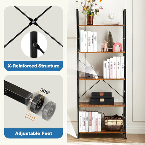 5 Tier Rustic Brown Bookshelf Tall Display Shelf For Living Room Home Office Space Saving Storage Organizer For Books CDs Movies And More, with adjustable feet and X-reinforced structure