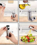 100ml stainless steel olive oil spray bottle with a graduated window; collage showing front, side, close-up and spray views.