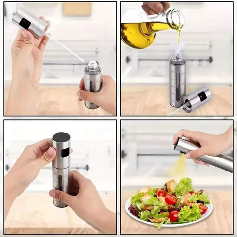 100ml stainless steel olive oil spray bottle with a graduated window; collage showing front, side, close-up and spray views.