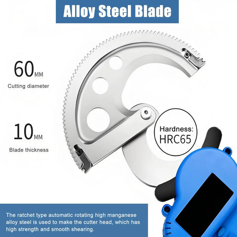 Beast Cordless Electric Cable Cutter With Eight Hour Runtime showing alloy steel blade, 60mm cutting diameter, HRC65 hardness.
