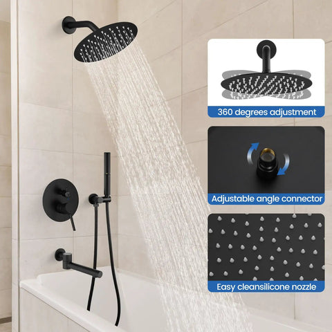 Matte Black Shower System With 8 Inch Round Rain Shower Head 3 Function Faucet Tub Spout Handheld Spray Rough In Valve
