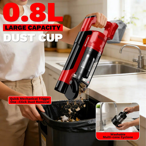 M18 Battery Compatible Cordless Vacuum Cleaner 8 In 1 Stick Vac with pet brush shown emptying dust cup