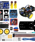 2WD Smart Robot Car Kit With Ultrasonic Sensor Module R3 Board featuring parts including chassis, wheels, sensors, and remote control