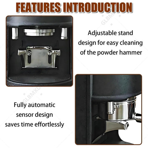 Interior view of 58mm Electric Coffee Tamper With Adjustable 5 To 30 Pounds Of Pressure And Smart Auto Timer showing adjustable stand.