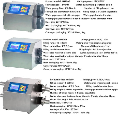 Desktop Automatic Liquid Filler Machine With Belt Conveyor, 4 Nozzle Digital Control System For Juice Wine Detergent 10 To 5000ml Bottle Line Ready To Go, three models displayed with specs.