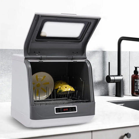 Compact Portable Countertop Dishwasher Featuring Three Wash Cycles And A Straight Up No Install Faucet Setup Super Darn Handy For Tiny Apartments And RVs fast clean kitchen saver with open lid and dishes inside.