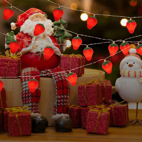 Warm Strawberry String Lights 10 Foot with 20 LEDs Battery Powered Indoor Outdoor Decor illuminating Santa and gifts