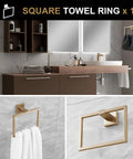 Slick Black And Brushed Gold 5 Piece Bathroom Hardware Set towel ring in modern bathroom setting.