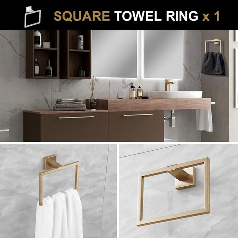 Slick Black And Brushed Gold 5 Piece Bathroom Hardware Set towel ring in modern bathroom setting.