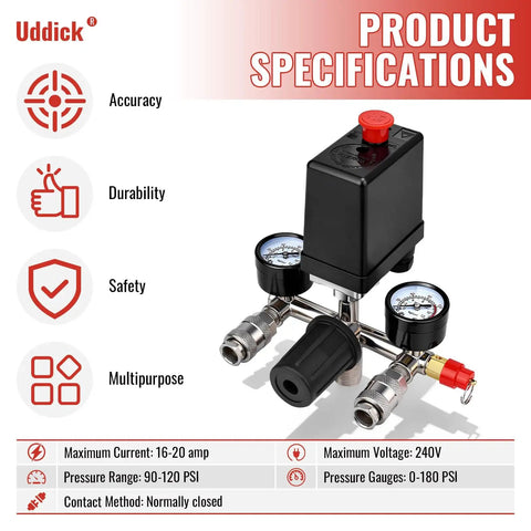 Beefy Workhorse Air Compressor Pressure Switch With Gauge Regulator And Regulating Valve Manifold Durable Aluminum Alloy Body