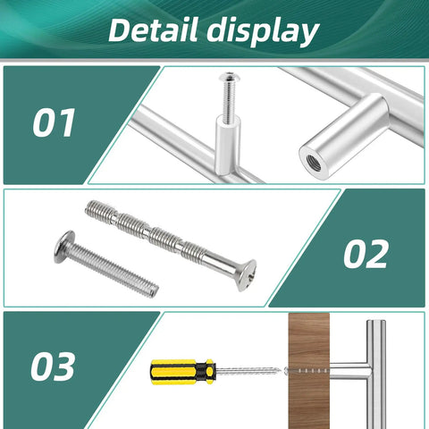 Installation details of the 20 Pack Cabinet Handles Set With 5 Inch Length And 3 Inch Hole Center, Stainless Steel Brushed Nickel Drawer Pulls.