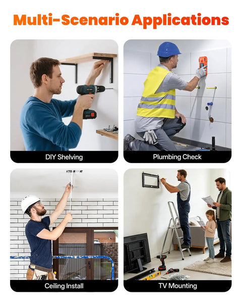 Multiple scenarios using 6-in-1 Stud Finder Wall Scanner, Electronic Wall Detector for DIY shelving and TV mounting.
