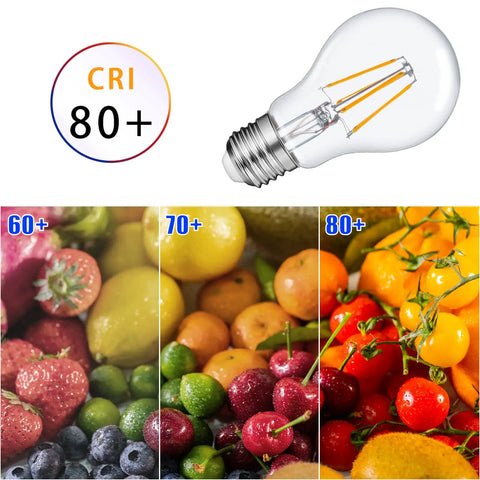 A19 LED Dusk To Dawn Filament Bulb For Outdoor Use, 6W Equivalent, CRI 80+, 2700K warm white light, color comparison with fruits