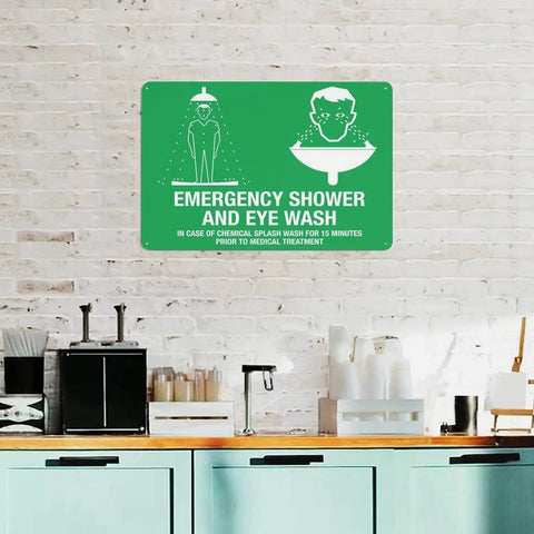 Emergency Shower And Eye Wash Outdoor Safety Sign For Chemical Hazards 8x12 Wall Plaque in kitchen setting