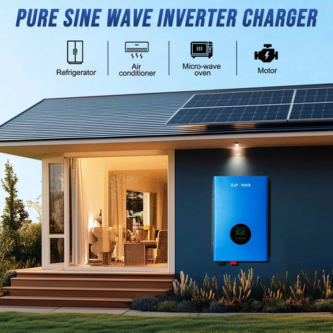 No Frills 10KW Solar Hybrid Inverter Off Grid Workhorse mounted on house wall with solar panels, powering appliances.