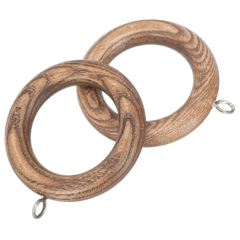 Two Pack Wooden Curtain Rings With Smooth Glide For Curtains, No Fuss Install For Home And Commercial Use, Walnut Finish, close-up view.