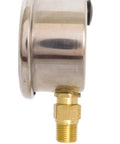 Side view of oil filled pressure gauge 1-1/2 inch with stainless steel case and brass lower mount connection