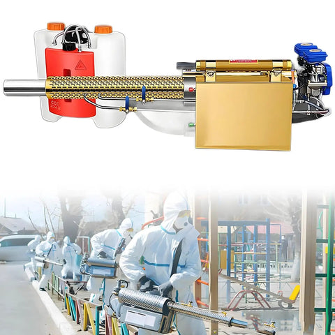 Disinfection Fogger And Atomizer Machine With Dual Pipe Water Cooling used in outdoor sanitation by workers in protective suits